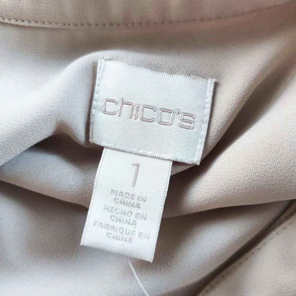 New Chicos Top Size 1 (8) Charming Pleats Stella Khaki Lace Trim Boho Office NWT